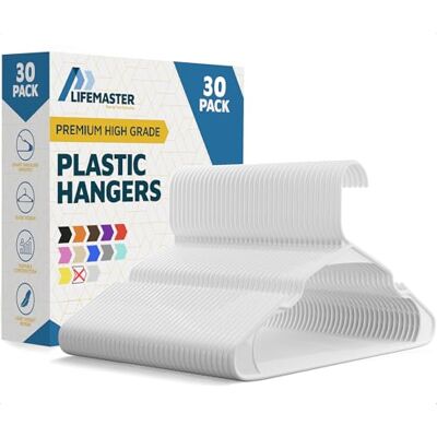 Lifemaster 30-Pack White Plastic Hangers Lightweight & Durable Coat Hangers with Shoulder Grooves for Slip Dresses and Bras Space-Saving Laundry Hangers Lifemaster 30-Pack White Plastic Hangers Lightweight & Durable Coat Hangers with Shoulder Grooves for Slip Dresses and Bras Space-Saving Laundry Hangers