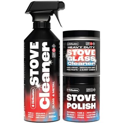 Dirtbusters Stove Cleaning Kit – Log Burner Glass Cleaner, Polish & Spray 3-step kit: clears soot from stove glass, lifts grime and restores a black finish. Light your fire straight after Dirtbusters Stove Cleaning Kit – Log Burner Glass Cleaner, Polish & Spray 3-step kit: clears soot from stove glass, lifts grime and restores a black finish. Light your fire straight after