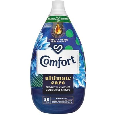 Comfort Ultimate Care Fresh Sky Ultra-Concentrated Fabric Conditioner bottle made of 100% recycled plastic* for complete clothes protection 870 ml (58 washes) Comfort Ultimate Care Fresh Sky Ultra-Concentrated Fabric Conditioner bottle made of 100% recycled plastic* for complete clothes protection 870 ml (58 washes)