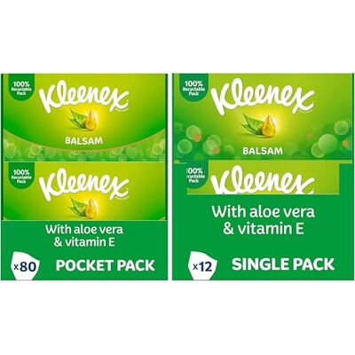 Kleenex Balsam Facial Tissues Pocket Pack and Box Tissues 80 Pocket Packs & 12 Standard Tissue Boxes Kleenex Balsam Facial Tissues Pocket Pack and Box Tissues 80 Pocket Packs & 12 Standard Tissue Boxes