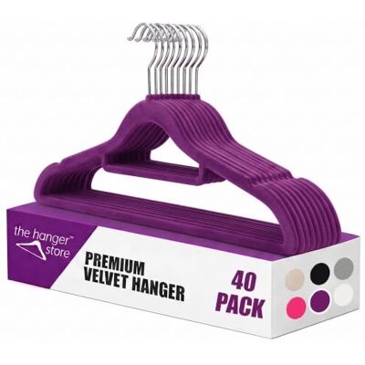 The Hanger Store 40 Pack Velvet Non-Slip Coat Hangers for Clothes, Purple Velvet Space Saving Hanger with Trouser Hanger Bar, Non-Slip Velvet Coating and a Chrome Swivel Hook The Hanger Store 40 Pack Velvet Non-Slip Coat Hangers for Clothes, Purple Velvet Space Saving Hanger with Trouser Hanger Bar, Non-Slip Velvet Coating and a Chrome Swivel Hook