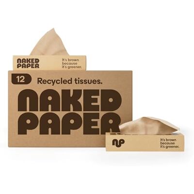 Naked Paper Unbleached Recycled Facial Tissues 12 Tissue Boxes, 100 Soft & Strong 2-Ply Tissues per Box, Unbleached & Chemical-Free for Sensitive Skin, Sustainable Facial Tissue Box Naked Paper Unbleached Recycled Facial Tissues 12 Tissue Boxes, 100 Soft & Strong 2-Ply Tissues per Box, Unbleached & Chemical-Free for Sensitive Skin, Sustainable Facial Tissue Box
