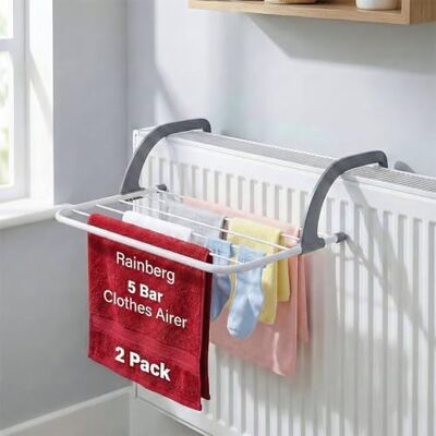 Rainberg 5 Bar Radiator Clothes Airer Rack, Foldable Clothes Airer with Adjustable Arms, Laundry Dryers Clothes, Hanging Drying Rack Airer (Pack of 2) Rainberg 5 Bar Radiator Clothes Airer Rack, Foldable Clothes Airer with Adjustable Arms, Laundry Dryers Clothes, Hanging Drying Rack Airer (Pack of 2)