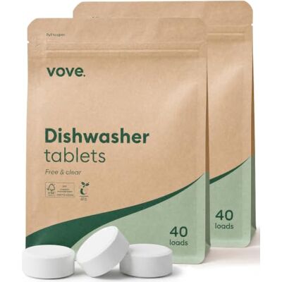 Vove Dishwasher Tablets, 80 Count, Plant-Based Fragrance-Free Plastic-free, no PVA, no microplastics, 2x enzyme power, biodegradable, septic safe Vove Dishwasher Tablets, 80 Count, Plant-Based Fragrance-Free Plastic-free, no PVA, no microplastics, 2x enzyme power, biodegradable, septic safe