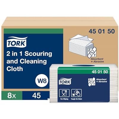 Tork 2-in-1 Scouring and Cleaning Cloth, White, Reusable, W8 Compatible, Scratch-Free Cleaning, 8 Packs of 45 Sheets Each (450150) Tork 2-in-1 Scouring and Cleaning Cloth, White, Reusable, W8 Compatible, Scratch-Free Cleaning, 8 Packs of 45 Sheets Each (450150)