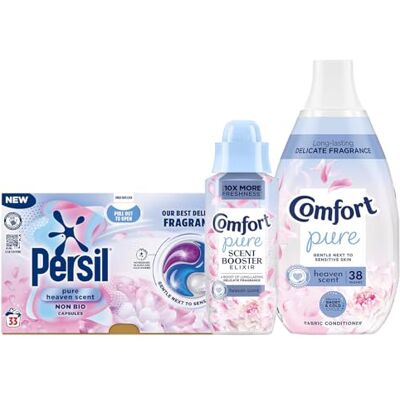 Comfort Pure Heaven Scent Laundry Care Bundle – Fabric Conditioner (38 Wash), Scent Booster Elixir (342ml), Persil Capsules(33 Wash), Long-Lasting Fragrance, Gentle & Fresh Laundry Care Comfort Pure Heaven Scent Laundry Care Bundle – Fabric Conditioner (38 Wash), Scent Booster Elixir (342ml), Persil Capsules(33 Wash), Long-Lasting Fragrance, Gentle & Fresh Laundry Care