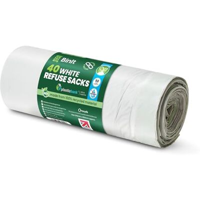 BIN IT 40 White Drawstring 50L Strong & Secure, Refuse Sacks, Bin Bags, Bin Liners, Recycled, Tear Resistant, 30 μm, Perfect for Everyday Use, Household, Office, Kitchen & Caterers BIN IT 40 White Drawstring 50L Strong & Secure, Refuse Sacks, Bin Bags, Bin Liners, Recycled, Tear Resistant, 30 μm, Perfect for Everyday Use, Household, Office, Kitchen & Caterers