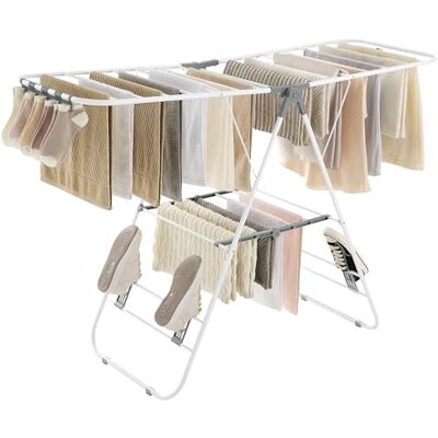 SONGMICS Clothes Airer, Foldable Clothes Drying Rack, Clothes Horse with Height-Adjustable Wings, Free-Standing Laundry Drying Rack, Indoor and Outdoor Use, Steel, White and Grey LLR502G01 SONGMICS Clothes Airer, Foldable Clothes Drying Rack, Clothes Horse with Height-Adjustable Wings, Free-Standing Laundry Drying Rack, Indoor and Outdoor Use, Steel, White and Grey LLR502G01
