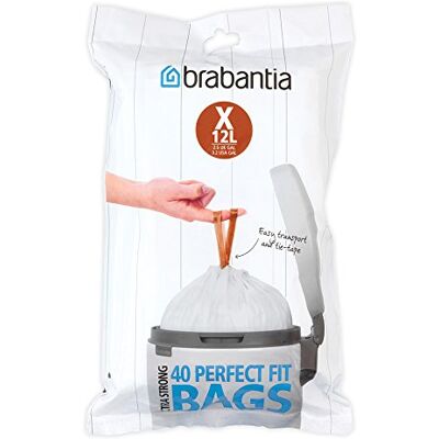 Brabantia IdealFit Bin Liners (Size X/10-12 Litre) Ideal Quality Thick Plastic Trash Bags with Tie Tape Drawstring Handles (40 Bags) Brabantia IdealFit Bin Liners (Size X/10-12 Litre) Ideal Quality Thick Plastic Trash Bags with Tie Tape Drawstring Handles (40 Bags)