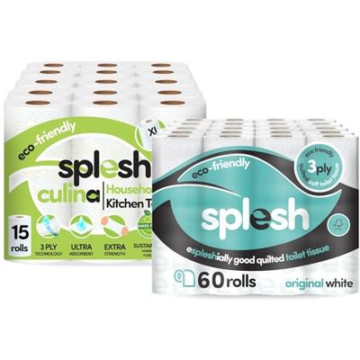 Cusheen Splesh Household Bundle Culina Kitchen Towel 3-Ply Ultra Absorbent Extra Strong and Large Kitchen Rolls (15 Rolls) with Original White Toilet Roll Eco-Friendly Soft & Quilted Toilet Tissue (60 Rolls) Cusheen Splesh Household Bundle Culina Kitchen Towel 3-Ply Ultra Absorbent Extra Strong and Large Kitchen Rolls (15 Rolls) with Original White Toilet Roll Eco-Friendly Soft & Quilted Toilet Tissue (60 Rolls)