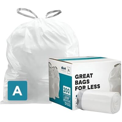 Plasticplace 1.2 Gallon Simplehuman Compatible with Simplehuman Code A, 0.5 Mil, White, 11.5"W x 15.5"H, 200/Count (8 Rolls of 25) Plasticplace 1.2 Gallon Simplehuman Compatible with Simplehuman Code A, 0.5 Mil, White, 11.5"W x 15.5"H, 200/Count (8 Rolls of 25)