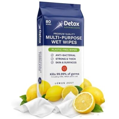 Detox AdvanceSan Multipurpose (SKIN and SURFACES) Antibacterial Wipes, Extra Thick, Lemon Scent BULK BUY 12 x 80 (960 Wipes) Home and Workplace Disinfecting PLASTIC-FREE & Biodegradable Detox AdvanceSan Multipurpose (SKIN and SURFACES) Antibacterial Wipes, Extra Thick, Lemon Scent BULK BUY 12 x 80 (960 Wipes) Home and Workplace Disinfecting PLASTIC-FREE & Biodegradable