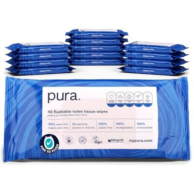 Pura Flushable Moist Toilet Tissue Wipes, 14 x 40 wipes per pack (560 Wipes) 100% Plastic Free, 99% Water Washlets, Certified Fine to Flush Biodegradable, Compostable, Vegan, Gentle, Clean, Wet Wipes Pura Flushable Moist Toilet Tissue Wipes, 14 x 40 wipes per pack (560 Wipes) 100% Plastic Free, 99% Water Washlets, Certified Fine to Flush Biodegradable, Compostable, Vegan, Gentle, Clean, Wet Wipes