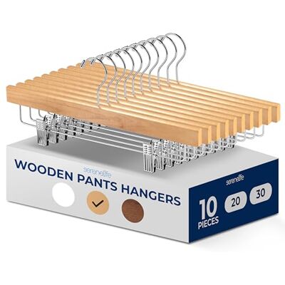 SereneLife Natural Wooden Trouser Hangers, 35cm Pants Hanger, 10pcs Smooth Wood Skirt Hanger Organizer with Adjustable Anti- Slip Clips, Swivel Hook Space Saving Premium Clothes Hangers SereneLife Natural Wooden Trouser Hangers, 35cm Pants Hanger, 10pcs Smooth Wood Skirt Hanger Organizer with Adjustable Anti- Slip Clips, Swivel Hook Space Saving Premium Clothes Hangers