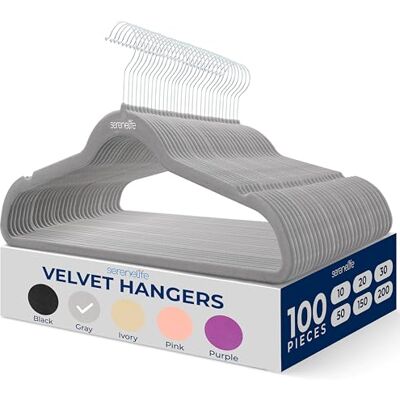 SereneLife 100 Pieces Velvet Hangers Space Saving Heavy Duty Slim Suit Clothes Hanger Set with 360 Degree Swivel Metal Hook, Can Hold Up to 4.5 kg. For Coats, Jackets, Pants & Dress (Grey) SereneLife 100 Pieces Velvet Hangers Space Saving Heavy Duty Slim Suit Clothes Hanger Set with 360 Degree Swivel Metal Hook, Can Hold Up to 4.5 kg. For Coats, Jackets, Pants & Dress (Grey)