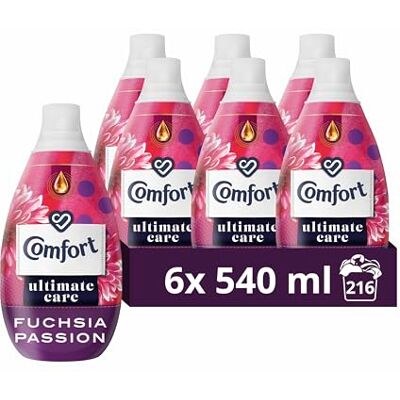 Comfort Ultimate Care Fuchsia Passion Ultra-Concentrated Fabric Conditioner bottle made of 100% recycled plastic* for complete clothes protection 6x 540 ml (216 washes) Comfort Ultimate Care Fuchsia Passion Ultra-Concentrated Fabric Conditioner bottle made of 100% recycled plastic* for complete clothes protection 6x 540 ml (216 washes)