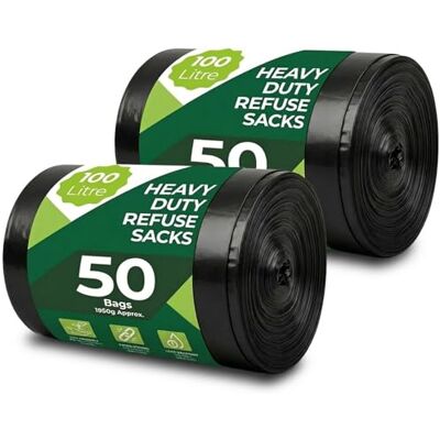 Roe Tenpo 100 Pack Heavy Duty Black Bin Bags – 100L, 33 μm Recyclable Refuse Sacks, Leak-Proof Bin Liners – Rubbish Bags for Kitchen, Home, DIY & Garden, Household, Office & Catering Roe Tenpo 100 Pack Heavy Duty Black Bin Bags – 100L, 33 μm Recyclable Refuse Sacks, Leak-Proof Bin Liners – Rubbish Bags for Kitchen, Home, DIY & Garden, Household, Office & Catering