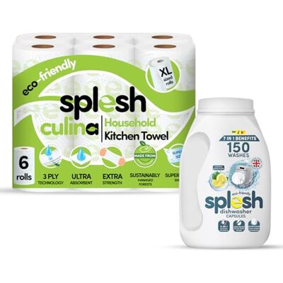 Cusheen Splesh Cleaning Bundle of 3 Ply Culina Kitchen Towel Ultra Absorbent Household XL 6 Roll with Splesh 3 in 1 Dishwasher Tablets Ultimate Freshness, Lemon Scent 150 Washes Cusheen Splesh Cleaning Bundle of 3 Ply Culina Kitchen Towel Ultra Absorbent Household XL 6 Roll with Splesh 3 in 1 Dishwasher Tablets Ultimate Freshness, Lemon Scent 150 Washes