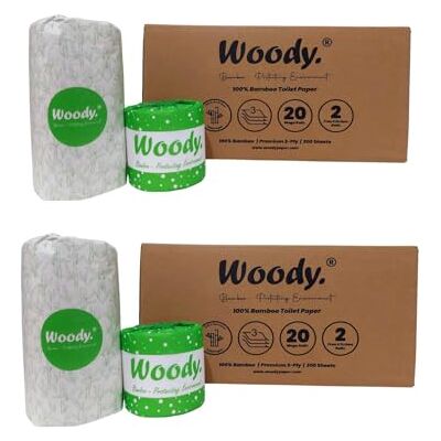 WOODY ® – 100% Bamboo Toilet Roll, Twice as Long, Sustainable Toilet Roll, Box of 40 Toilet Rolls + 4 Free Kitchen Towels Soft, Strong, Sustainable. (Each TP Roll: 3-Ply, 300 Sheets) WOODY ® – 100% Bamboo Toilet Roll, Twice as Long, Sustainable Toilet Roll, Box of 40 Toilet Rolls + 4 Free Kitchen Towels Soft, Strong, Sustainable. (Each TP Roll: 3-Ply, 300 Sheets)