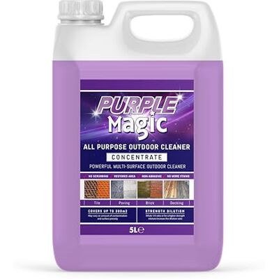 Purple Magic All Purpose Outdoor Path and Patio Cleaner Concentrated Mould, Mildew, Lichen, Algae Remover Decking, Driveways, Rooftops, Spray & Leave Cleaner (Up to 300m2 coverage) 5 Litre Purple Magic All Purpose Outdoor Path and Patio Cleaner Concentrated Mould, Mildew, Lichen, Algae Remover Decking, Driveways, Rooftops, Spray & Leave Cleaner (Up to 300m2 coverage) 5 Litre