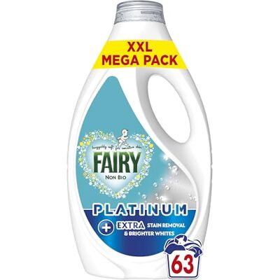 Fairy Non Bio Washing Liquid, 63 Washes, 1.953l, Platinum, With Extra Stain Removal and Brighter Whites, For Sensitive Skin Fairy Non Bio Washing Liquid, 63 Washes, 1.953l, Platinum, With Extra Stain Removal and Brighter Whites, For Sensitive Skin