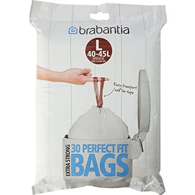 Brabantia PerfectFit Bin Liners (Size L/40-45 Litre) Thick Plastic Trash Bags with Tie Tape Drawstring Handles (30 Bags), White Brabantia PerfectFit Bin Liners (Size L/40-45 Litre) Thick Plastic Trash Bags with Tie Tape Drawstring Handles (30 Bags), White