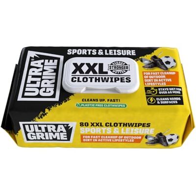 UltraGrime Sports & Leisure Wet Wipes Multi-Purpose Cleaning Cloths for Sports, Gym Equipment, Hands, Trainers, Football Boots, Golf Gear XXL Large Heavy-Duty Cloths Alcohol Free (Pack of 80) UltraGrime Sports & Leisure Wet Wipes Multi-Purpose Cleaning Cloths for Sports, Gym Equipment, Hands, Trainers, Football Boots, Golf Gear XXL Large Heavy-Duty Cloths Alcohol Free (Pack of 80)