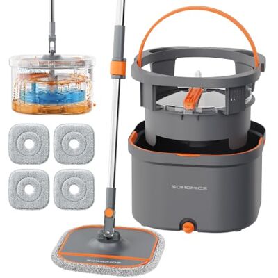 SONGMICS Mop and Bucket Set, Self-Wringing, Clean and Dirty Separation 3.5 L, 31 x 31 x 19 cm, Stainless Steel, Orange and Grey, LMB006OT04 SONGMICS Mop and Bucket Set, Self-Wringing, Clean and Dirty Separation 3.5 L, 31 x 31 x 19 cm, Stainless Steel, Orange and Grey, LMB006OT04