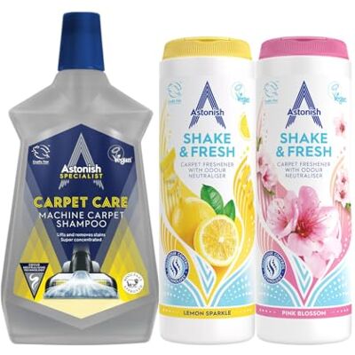 Astonish Specialist Carpet Care BUNDLE, 1 x Carpet SHAMPOO 1l, 1 x Shake and Fresh PINK BLOSSOM 350g, 1 x Shake and Fresh LEMON SPARKLE 350g, Lifts and Removes Stains, Vac Maxx, Carpet Freshener Astonish Specialist Carpet Care BUNDLE, 1 x Carpet SHAMPOO 1l, 1 x Shake and Fresh PINK BLOSSOM 350g, 1 x Shake and Fresh LEMON SPARKLE 350g, Lifts and Removes Stains, Vac Maxx, Carpet Freshener