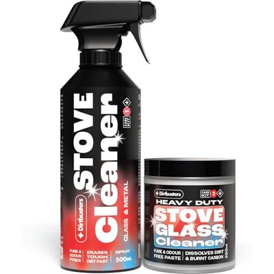 Dirtbusters Stove Glass Cleaner & Spray Kit for Log Burners & Fireplaces 250ml paste clears soot & tar from glass, 500ml spray lifts grime from metal. Fume-free, light your fire straight after Dirtbusters Stove Glass Cleaner & Spray Kit for Log Burners & Fireplaces 250ml paste clears soot & tar from glass, 500ml spray lifts grime from metal. Fume-free, light your fire straight after