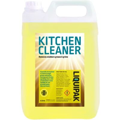 Liquipak Kitchen Cleaner 5L – Powerful Degreaser with Zesty Lemon. Multi-surface cleaner for kitchens, commercial & home use. Removes grease, grime & dirt easily. Liquipak Kitchen Cleaner 5L – Powerful Degreaser with Zesty Lemon. Multi-surface cleaner for kitchens, commercial & home use. Removes grease, grime & dirt easily.