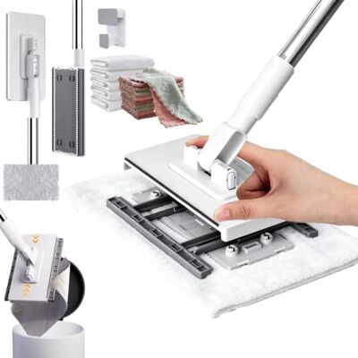 Snrtevu Sweeper Mop Auto Clamp, No-Touch Pad Change, 360° Swivel Head (94CM) Mechanical Clamp Securely Holds Reusable Cloths, 95/130cm Handle, Wet & Dry Use on Floors, Walls & Mirrors, with 10 Cloths Snrtevu Sweeper Mop Auto Clamp, No-Touch Pad Change, 360° Swivel Head (94CM) Mechanical Clamp Securely Holds Reusable Cloths, 95/130cm Handle, Wet & Dry Use on Floors, Walls & Mirrors, with 10 Cloths