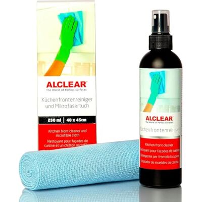 ALCLEAR 721KR Kitchen Front Cleaner 250ml with Microfiber Cloth 40x40cm, for High-Gloss, Lacquer, Plastic Fronts, no Alcohol, no Solvent, Degreasing, no Streak, no Lint, Made in Germany ALCLEAR 721KR Kitchen Front Cleaner 250ml with Microfiber Cloth 40x40cm, for High-Gloss, Lacquer, Plastic Fronts, no Alcohol, no Solvent, Degreasing, no Streak, no Lint, Made in Germany