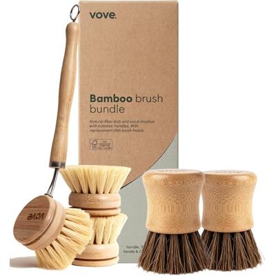 Vove Bamboo Washing Up Brush Bundle, Scrub Brush and 3 Replacement Heads Plastic-free, FSC-certified bamboo, natural fibre bristles, zero-waste kitchen cleaning set Vove Bamboo Washing Up Brush Bundle, Scrub Brush and 3 Replacement Heads Plastic-free, FSC-certified bamboo, natural fibre bristles, zero-waste kitchen cleaning set