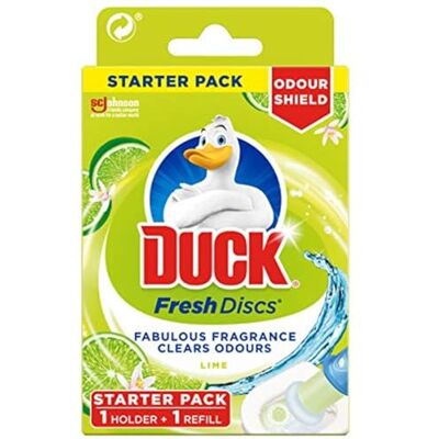 SC Johnson Duck Fresh Discs Toilet Cleaner Starter Kit, Fights Stains That Harbour Germs, Prevents Limescale Build Up, Lime, 1 Holder + 1 Refill Tube SC Johnson Duck Fresh Discs Toilet Cleaner Starter Kit, Fights Stains That Harbour Germs, Prevents Limescale Build Up, Lime, 1 Holder + 1 Refill Tube