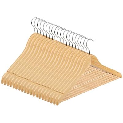 Hardys Natural Wooden Coat Hangers Sloped with Notches, Trouser Bar & 360° Rotating Hook Wardrobe Space Savers, Hangers for Clothes For Coat, Jacket, Suit, T Shirt (20 Pack) Hardys Natural Wooden Coat Hangers Sloped with Notches, Trouser Bar & 360° Rotating Hook Wardrobe Space Savers, Hangers for Clothes For Coat, Jacket, Suit, T Shirt (20 Pack)