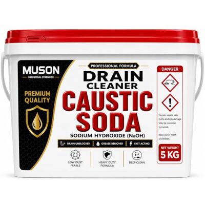 MUSON TRADE MUSON Caustic Soda 5KG Free Scoop + 10 Gloves Professional Drain Unblocker & Degreaser Heavy Duty Sink & Pipe Cleaner For Drains Toilets Bins Concrete & Paths Made in UK MUSON TRADE MUSON Caustic Soda 5KG Free Scoop + 10 Gloves Professional Drain Unblocker & Degreaser Heavy Duty Sink & Pipe Cleaner For Drains Toilets Bins Concrete & Paths Made in UK