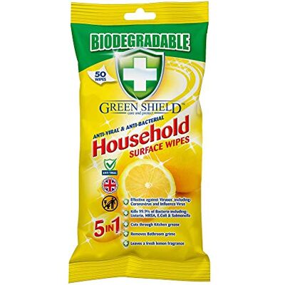 Greenshield Biodegradable Antiviral and Anti-Bacterial Surface Wipes for Home, 50 Wipes Greenshield Biodegradable Antiviral and Anti-Bacterial Surface Wipes for Home, 50 Wipes