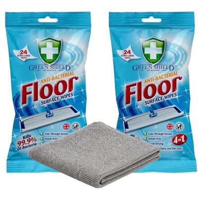OW Gifts Co 3pk Bundle Greenshield Floor Surface Wipes 24 Pack (Pack of 2) + Microfibre Buffing Cloth – Antibacterial Floor Wipes, 4 in 1 Cleaning, Streak Free Finish OW Gifts Co 3pk Bundle Greenshield Floor Surface Wipes 24 Pack (Pack of 2) + Microfibre Buffing Cloth – Antibacterial Floor Wipes, 4 in 1 Cleaning, Streak Free Finish