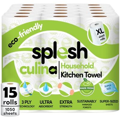 Cusheen Splesh Culina Kitchen Towel 15 XL Rolls (1050 Sheets) 3 Ply Ultra Absorbent & Extra Strong, Large Eco-Friendly Household Kitchen Rolls 70 Super Sized Triple Layered Sheets Per Roll Cusheen Splesh Culina Kitchen Towel 15 XL Rolls (1050 Sheets) 3 Ply Ultra Absorbent & Extra Strong, Large Eco-Friendly Household Kitchen Rolls 70 Super Sized Triple Layered Sheets Per Roll