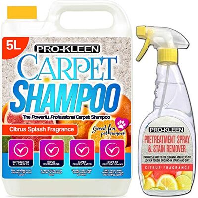 Pro-Kleen Pro Kleen 5 Litres Professional Extraction Citrus Concentrate Carpet Shampoo With 750ml Citrus Stain Remover & Pre Treatment Spray Pro-Kleen Pro Kleen 5 Litres Professional Extraction Citrus Concentrate Carpet Shampoo With 750ml Citrus Stain Remover & Pre Treatment Spray