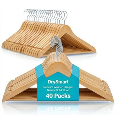 DrySmart 40 Pack Wooden Coat Hangers with 360° Swivel Hook, Round Trouser Bar & Shoulder Notches – Durable Space-Saving Closet Hangers for Men & Women DrySmart 40 Pack Wooden Coat Hangers with 360° Swivel Hook, Round Trouser Bar & Shoulder Notches – Durable Space-Saving Closet Hangers for Men & Women