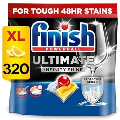 Finish Ultimate Infinity Shine Lemon Dishwasher Tablets 4 x 80 Total 320 Tabs Bulk Pack Power Clean Technology Tackles Grease Limescale and Stuck-On Food with Protective Shine Boosting Layer Finish Ultimate Infinity Shine Lemon Dishwasher Tablets 4 x 80 Total 320 Tabs Bulk Pack Power Clean Technology Tackles Grease Limescale and Stuck-On Food with Protective Shine Boosting Layer