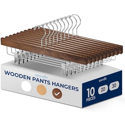SereneLife Wooden Trouser Hangers, 35cm Pants Hanger, 10pcs Smooth Wood Skirt Hanger Organizer with Adjustable Anti- Slip Clips, Swivel Hook Space Saving Premium Clothes Hangers SereneLife Wooden Trouser Hangers, 35cm Pants Hanger, 10pcs Smooth Wood Skirt Hanger Organizer with Adjustable Anti- Slip Clips, Swivel Hook Space Saving Premium Clothes Hangers