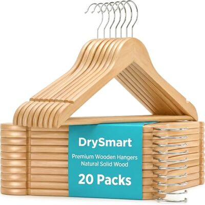 DrySmart 20 Pack Wooden Coat Hangers with 360° Swivel Hook, Round Trouser Bar & Shoulder Notches – Durable Space-Saving Closet Hangers for Men & Women DrySmart 20 Pack Wooden Coat Hangers with 360° Swivel Hook, Round Trouser Bar & Shoulder Notches – Durable Space-Saving Closet Hangers for Men & Women