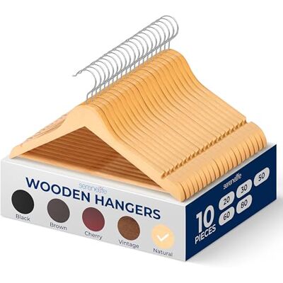 SereneLife Wooden Hangers 10 Pack, Non-Slip, Sturdy, Heavy Duty Suit Hanger Set with 360° Chrome Swivel Hook, Space-Saving Wood Hangers Closet Organizer for Clothes, Coat, Pants, Dress (Natural) SereneLife Wooden Hangers 10 Pack, Non-Slip, Sturdy, Heavy Duty Suit Hanger Set with 360° Chrome Swivel Hook, Space-Saving Wood Hangers Closet Organizer for Clothes, Coat, Pants, Dress (Natural)