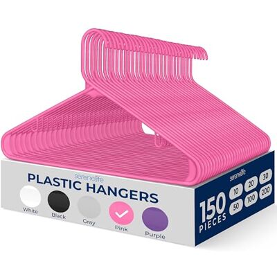 SereneLife Plastic Hangers 150 pcs, Non-Slip Heavy Duty Clothes Hanger Set with 360° Swivel Hook, Smooth Finish to Protect Fabric, Lightweight, Ultra-Thin Hangers for Coats and Other Clothes (Pink) SereneLife Plastic Hangers 150 pcs, Non-Slip Heavy Duty Clothes Hanger Set with 360° Swivel Hook, Smooth Finish to Protect Fabric, Lightweight, Ultra-Thin Hangers for Coats and Other Clothes (Pink)