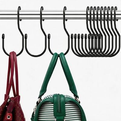 DHYLRICHER Purse Hanger for Closet, Unique Twist Design Bag Hooks, Large Size Closet Rod Hooks for Hanging Bags, Purses, Handbags, Belts, Scarves, Hats, Clothes, Pans and Pots (12 Pack Black) DHYLRICHER Purse Hanger for Closet, Unique Twist Design Bag Hooks, Large Size Closet Rod Hooks for Hanging Bags, Purses, Handbags, Belts, Scarves, Hats, Clothes, Pans and Pots (12 Pack Black)