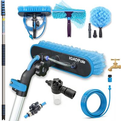 IGAD 30ft Pole Telescopic Water-Fed Window Cleaning Pole Kit — Extendable High Window Cleaner with Brush, Squeegee, Cobweb Duster & Soap Dispenser — Solar Panel, Conservatory, Gutter IGAD 30ft Pole Telescopic Water-Fed Window Cleaning Pole Kit — Extendable High Window Cleaner with Brush, Squeegee, Cobweb Duster & Soap Dispenser — Solar Panel, Conservatory, Gutter