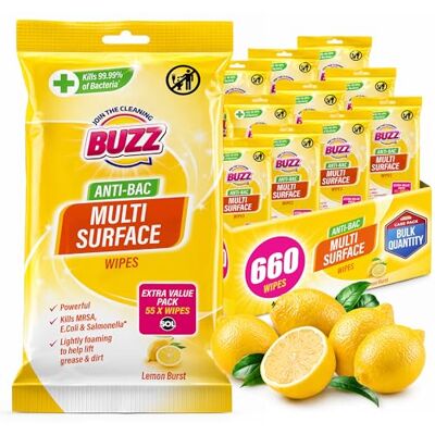 JOIN THE CLEANING BUZZ BUZZ 12pk Anti-Bac Multi Surface Wipes 660 Sheets Lemon Scent JOIN THE CLEANING BUZZ BUZZ 12pk Anti-Bac Multi Surface Wipes 660 Sheets Lemon Scent